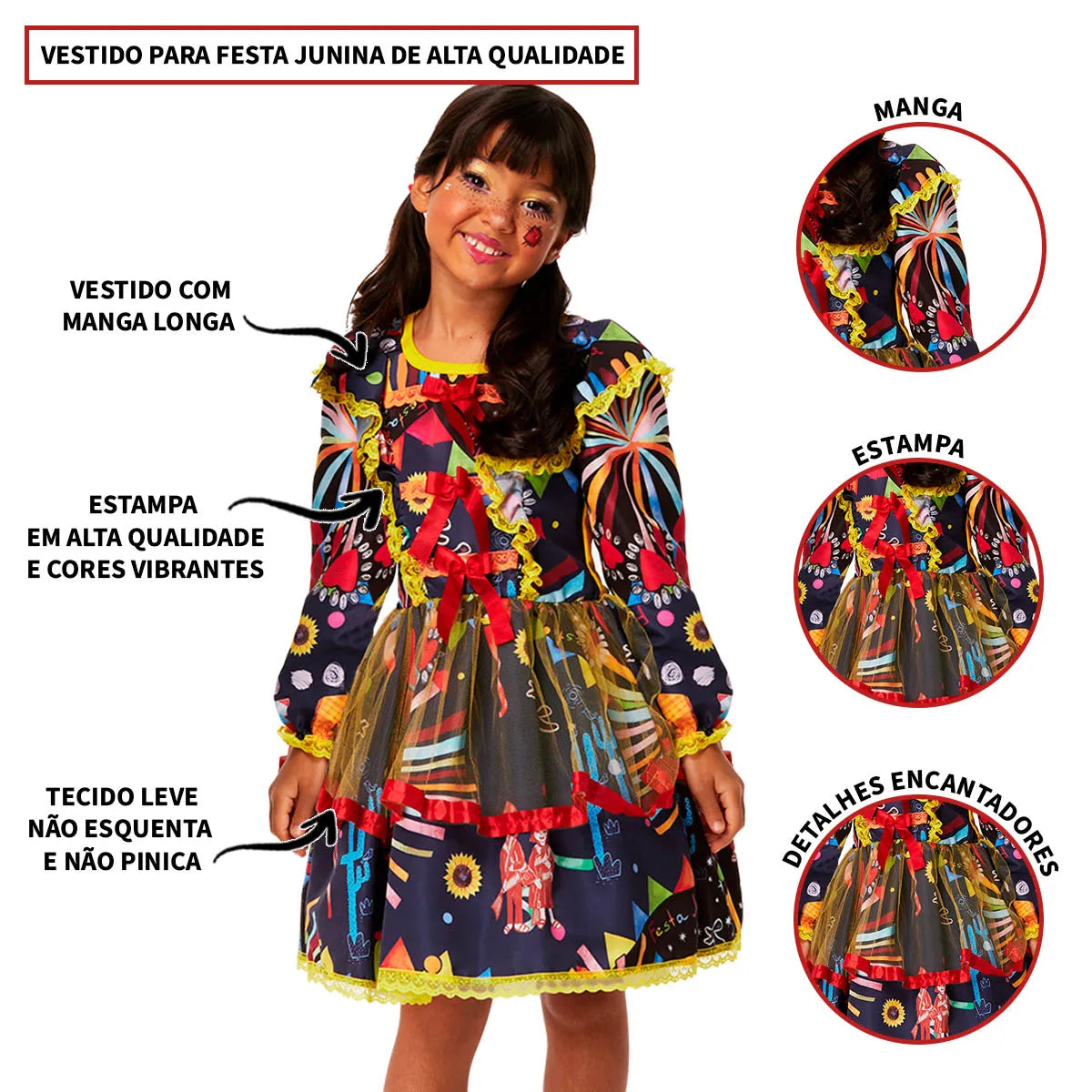 Conjunto Vestidos Festa Junina Mãe e Filha Infantil de Luxo com Manga Longa