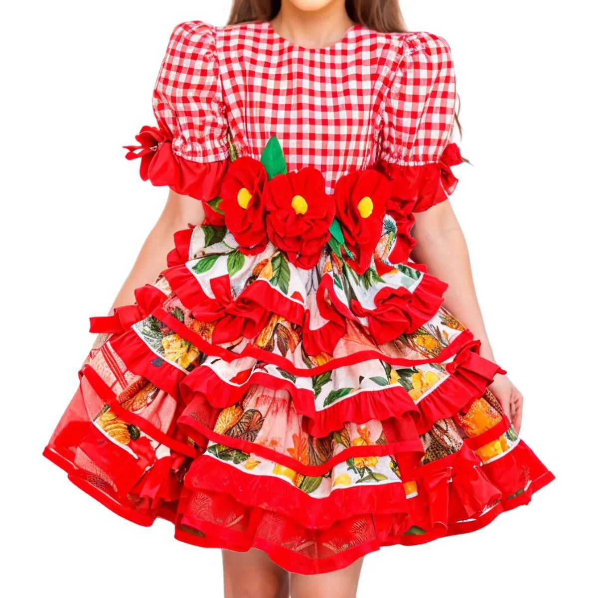 Vestido de Festa Junina Xadrez Vermelho Infantil Xadrez Super Luxo Rodado