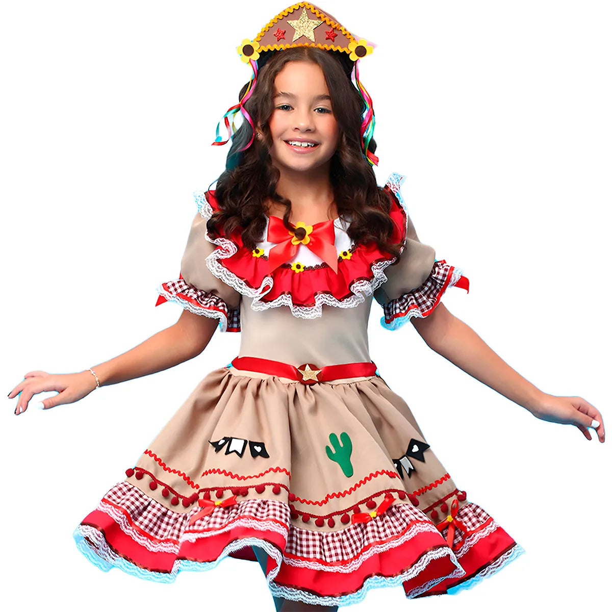 Roupa Maria Bonita Infantil Super Luxo Vestido de Festa Junina e Chapeu Cangaceira