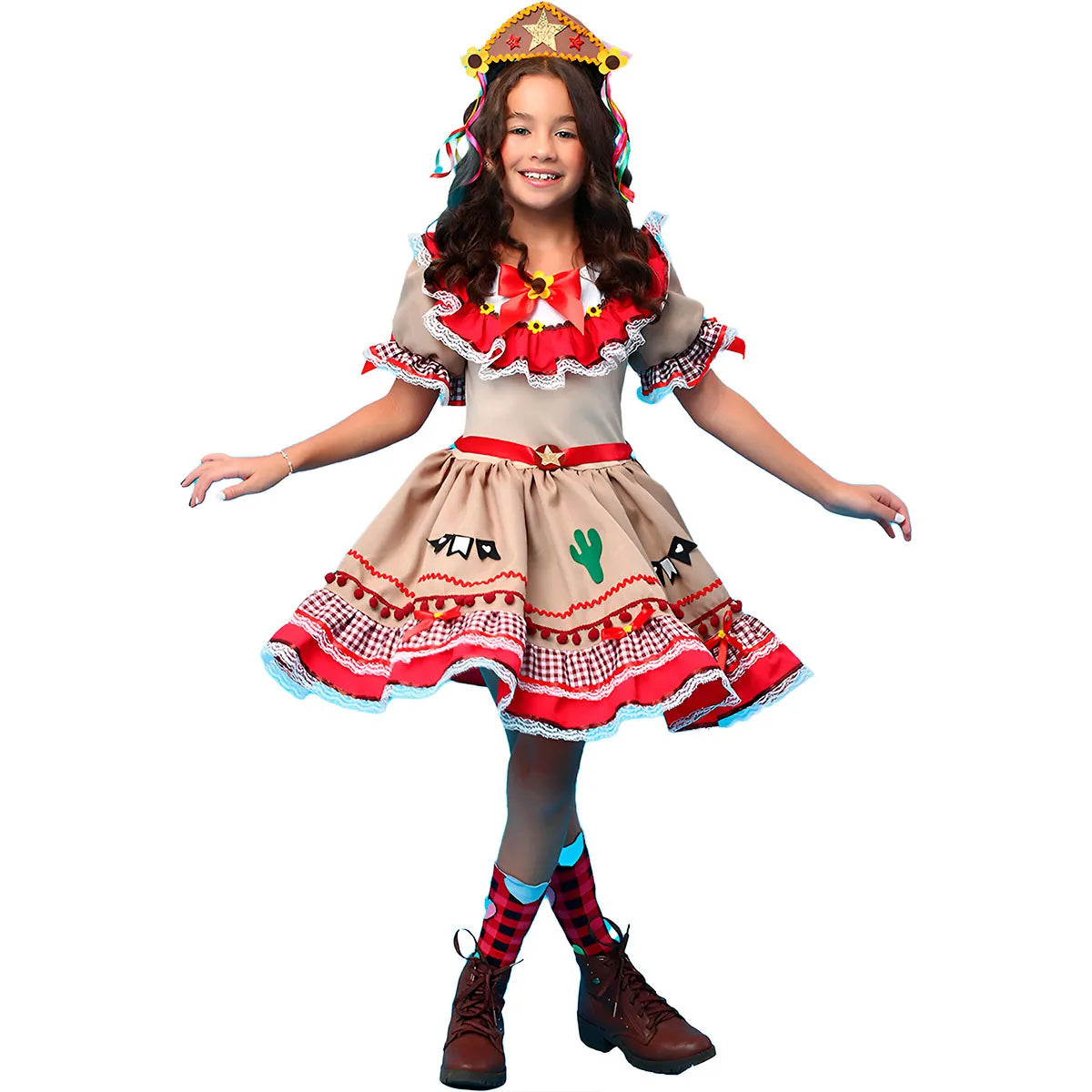 Roupa Maria Bonita Infantil Super Luxo Vestido de Festa Junina e Chapeu Cangaceira