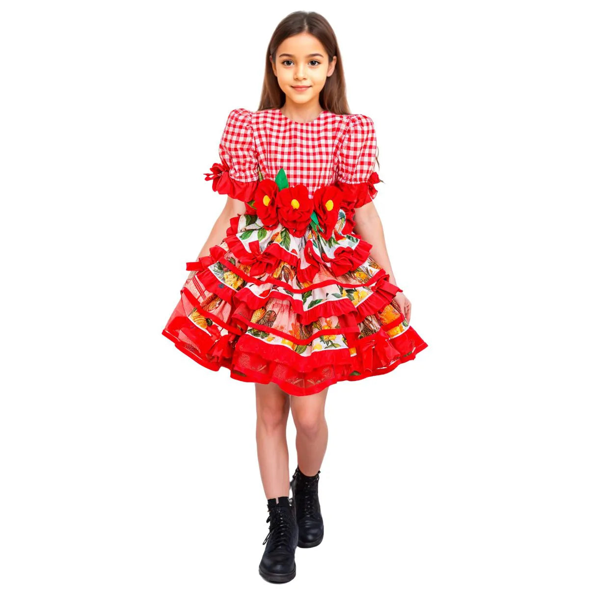 Vestido de Festa Junina Xadrez Vermelho Infantil Xadrez Super Luxo Rodado