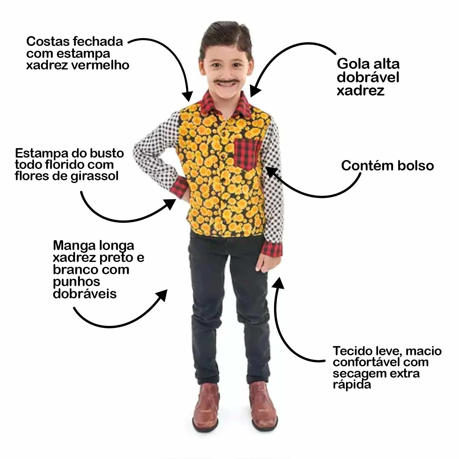 Camisa Xadrez Masculina Infantil Manga Longa Estilosa