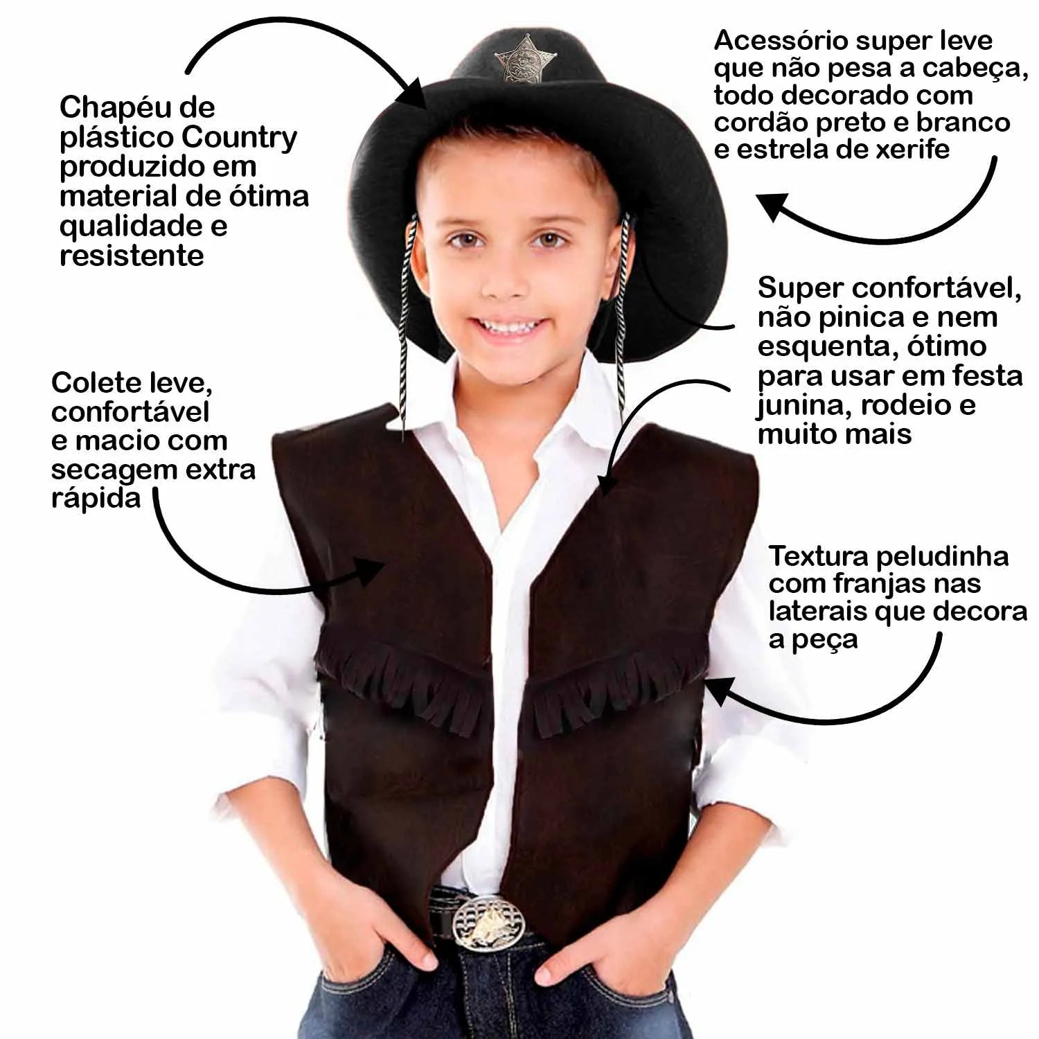 Roupa Country Infantil Masculina Colete Preto Com Franja e Chapeu de Cowboy