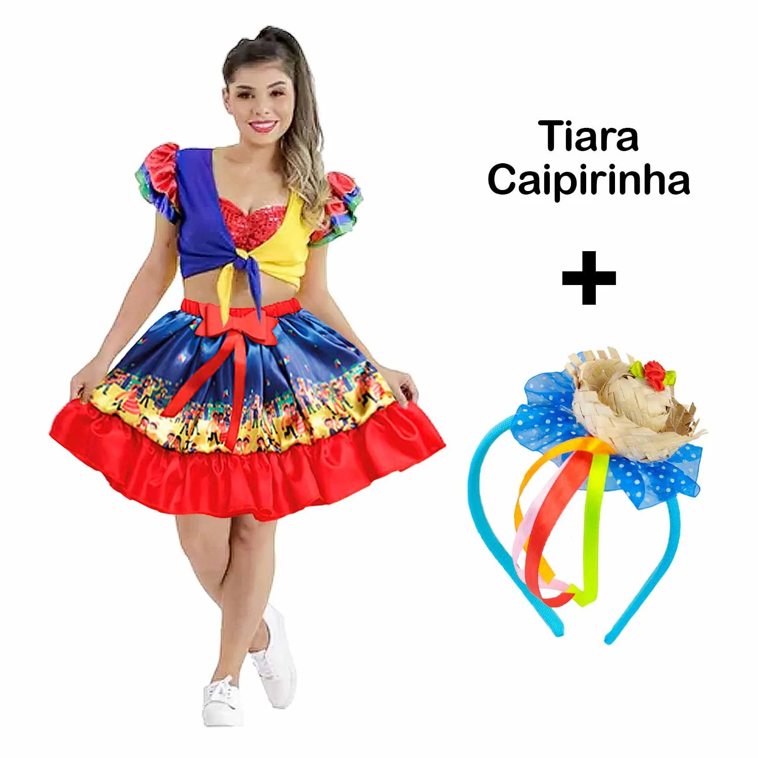 Saia de Festa Junina Feminina Com Chapeuzinho de Palha