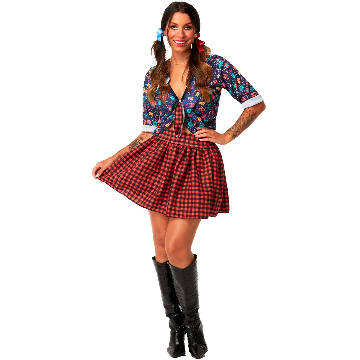 Saia Festa Junina Xadrez Roupa São João Feminina com Camisa