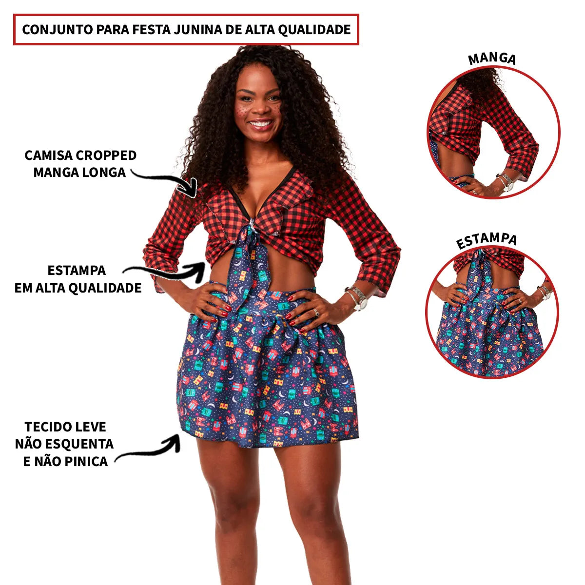 Saia Junina e Camisa Xadrez Vermelha Roupa Caipira Adulta Feminina