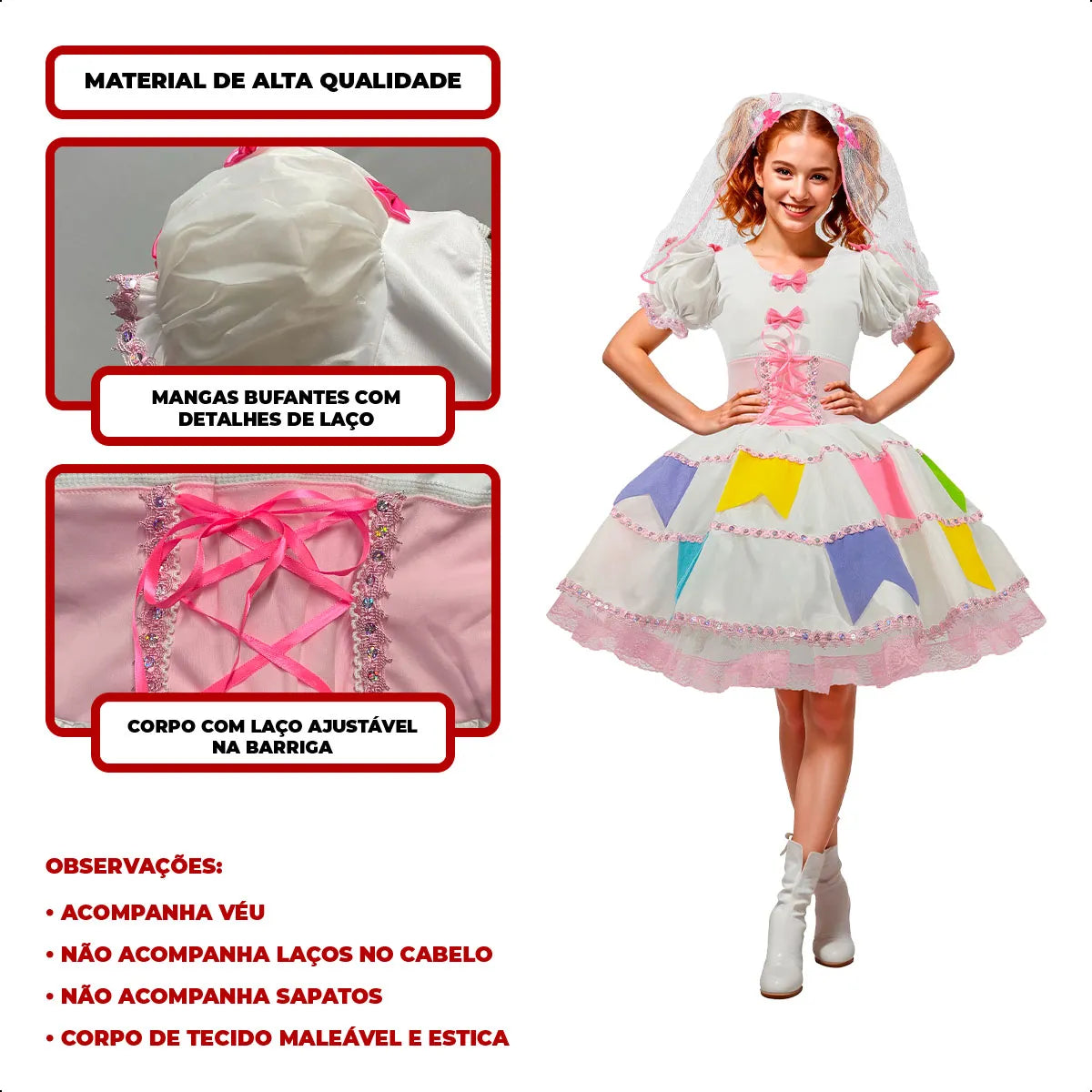 Vestido de Noiva Festa Junina Adulto Luxo com Tiara e Véu