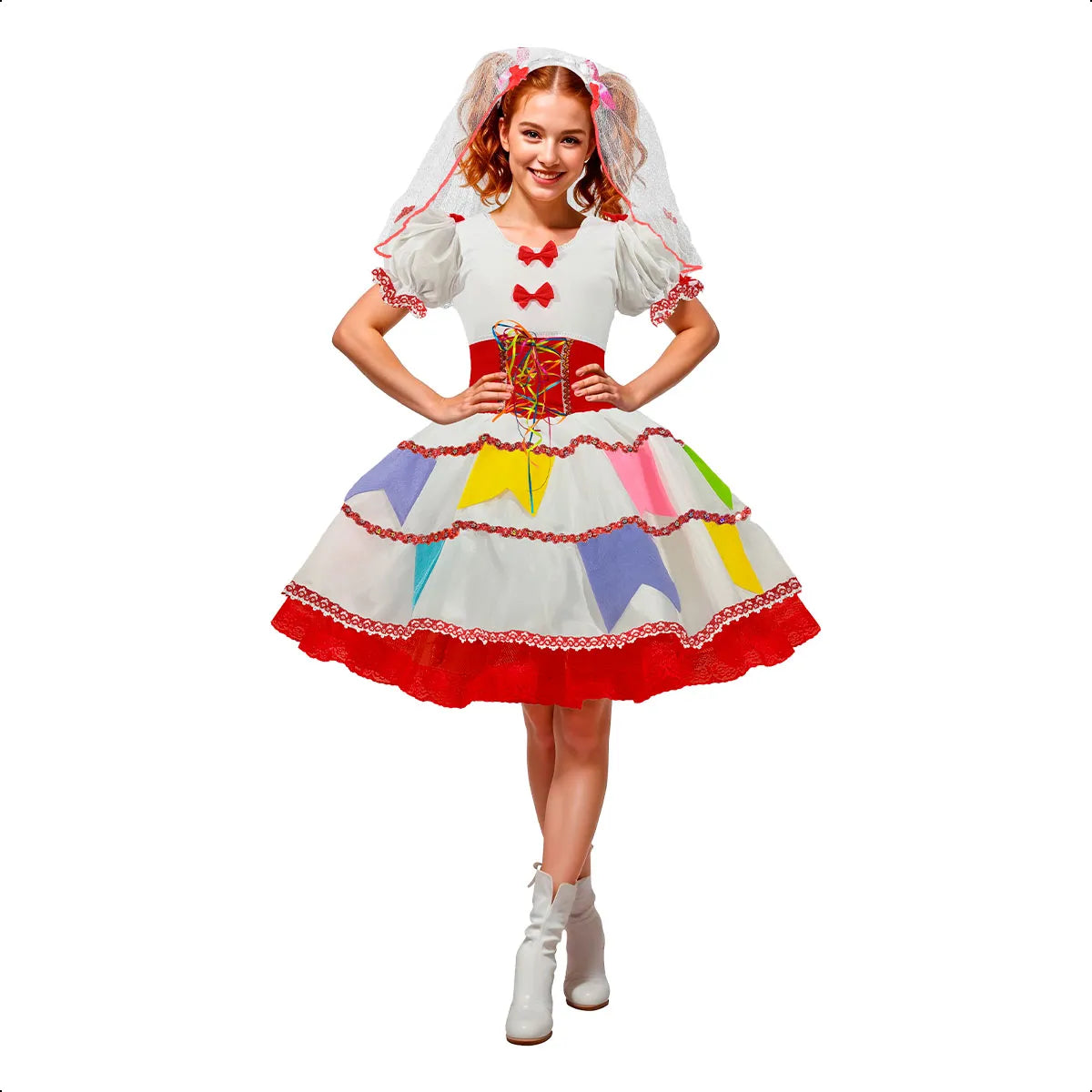 Vestido de Noiva Festa Junina Adulto Luxo com Tiara e Véu