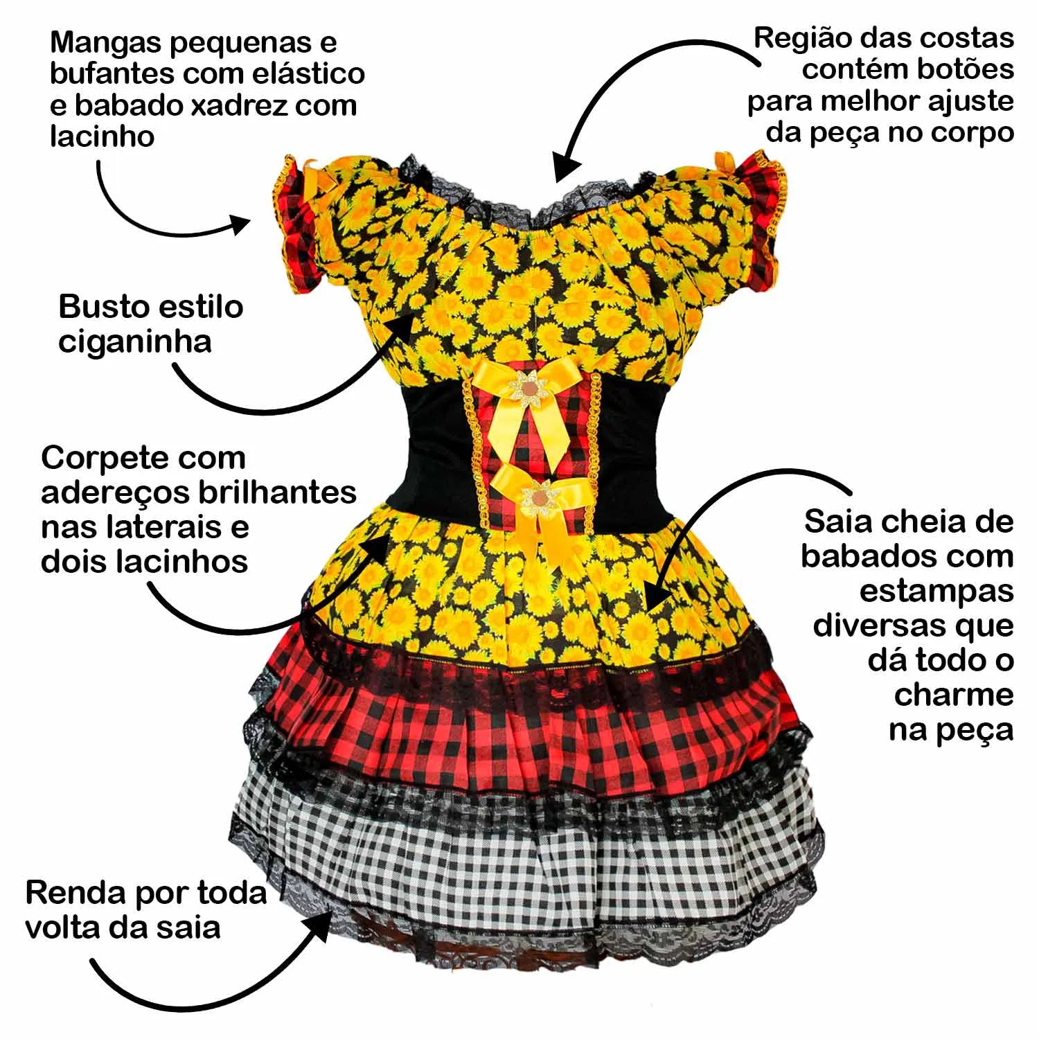 Vestido Feminino Adulto Caipirinha Girassol Com Corpete