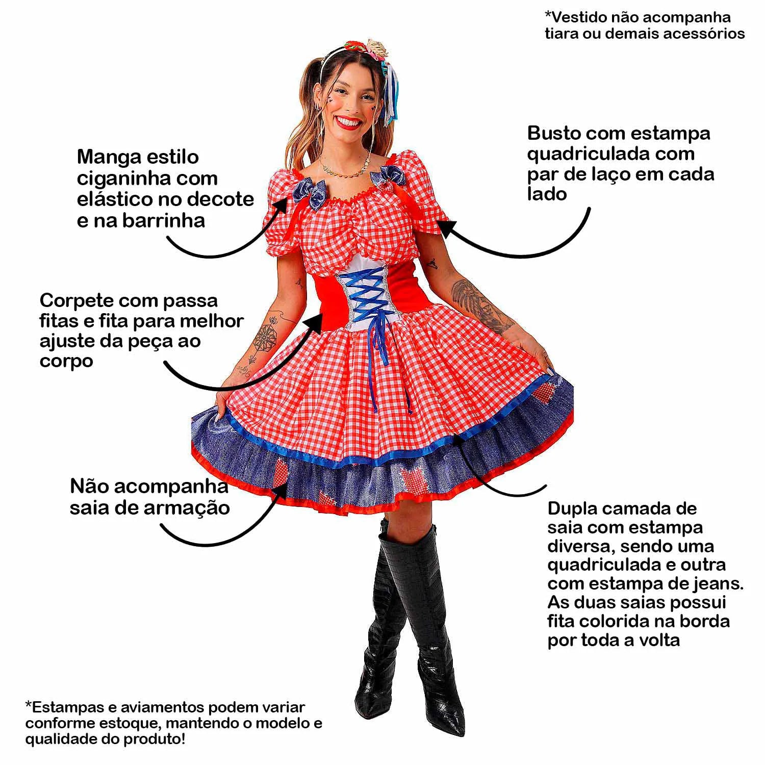 Vestido Festa Junina Com Espartilho de Luxo Adulto Feminino Xadrez 2023