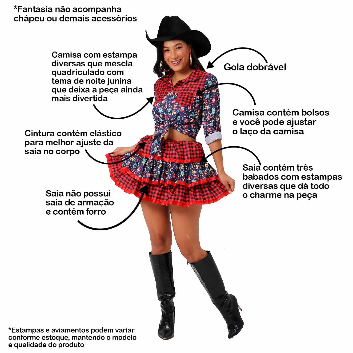 Vestido Festa Junina Feminina Chique Saia e Croped Xadrez de Quadrilha