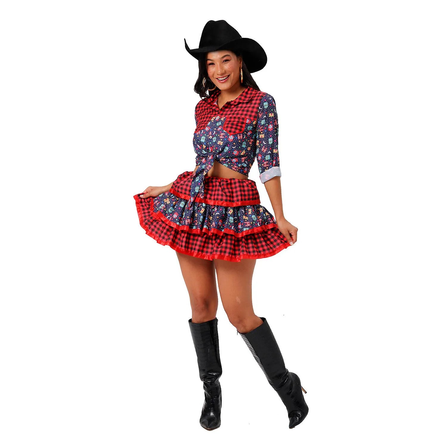 Vestido Festa Junina Feminina Chique Saia e Croped Xadrez de Quadrilha
